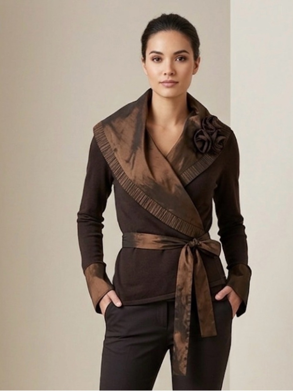 ELEGANT VINTAGE WRAP-STYLE CARDIGAN WITH 3D FABRIC ROSSETE